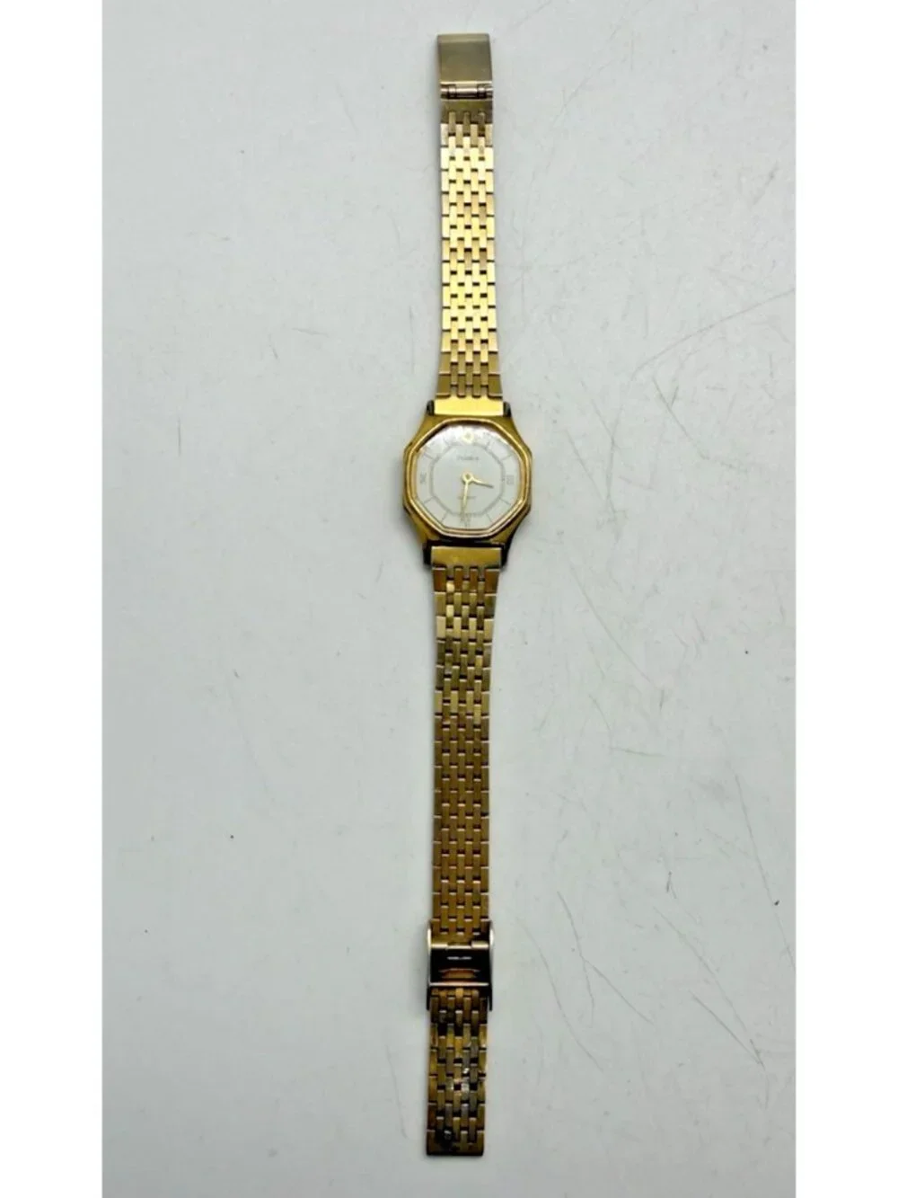 Vtg Timex Women Quartz Hexagon Watch White Dial Gold Tone Bracelet Roman Numeral